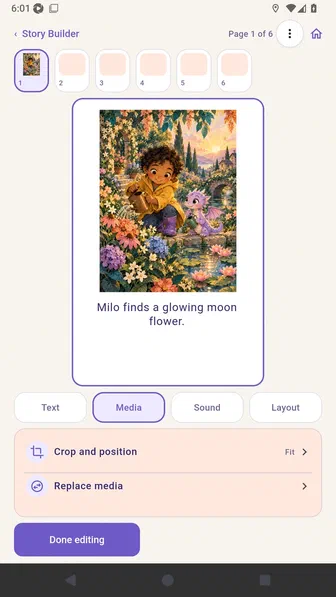 Page editor showing the replacement sunrise garden image on page one