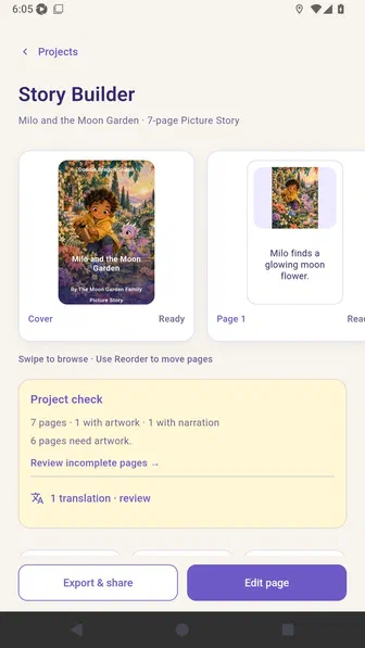 Story Builder showing seven pages after a new page was appended