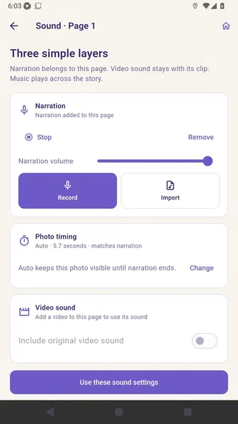Sound editor showing Stop while the imported page narration plays