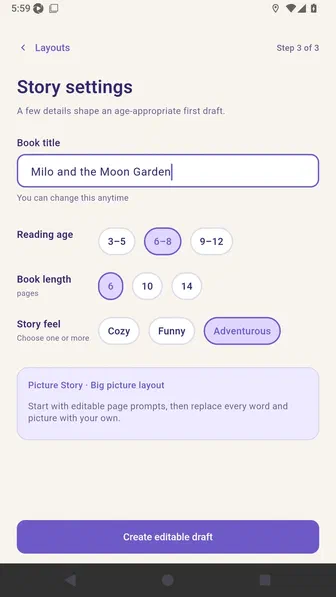 Story settings showing the project title and selected age, page count, and feel