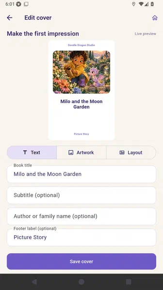 Edit cover screen with the Text panel and live cover preview