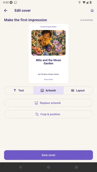 Cover Artwork panel with Replace artwork and Crop and position controls