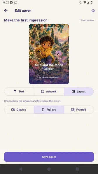 Cover Layout panel with Full art selected and the updated cover preview