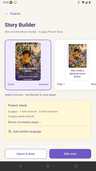Story Builder showing the saved full-art cover for Milo and the Moon Garden
