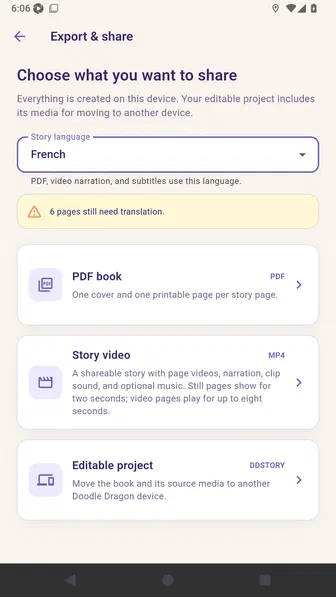 Export screen with French selected and the remaining translation status visible