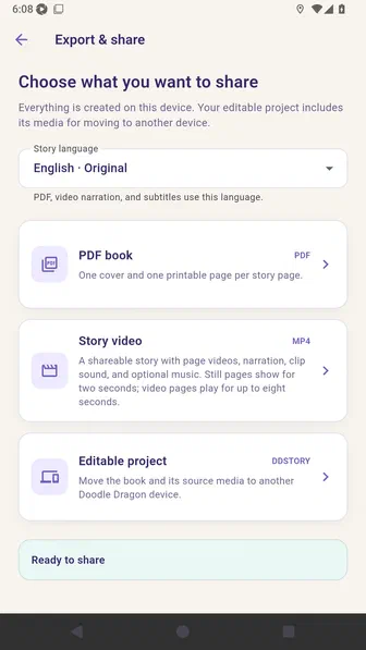 Export screen confirming that the editable DDSTORY project is ready to share