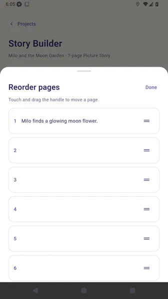Reorder pages sheet with numbered pages and drag handles