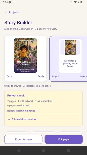 Story Builder page rail after the reordered pages were saved