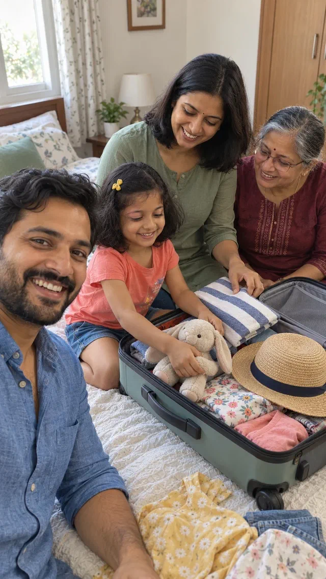 A father takes a selfie with his wife, daughter, and grandmother while they pack a suitcase with a toy rabbit and a sunhat