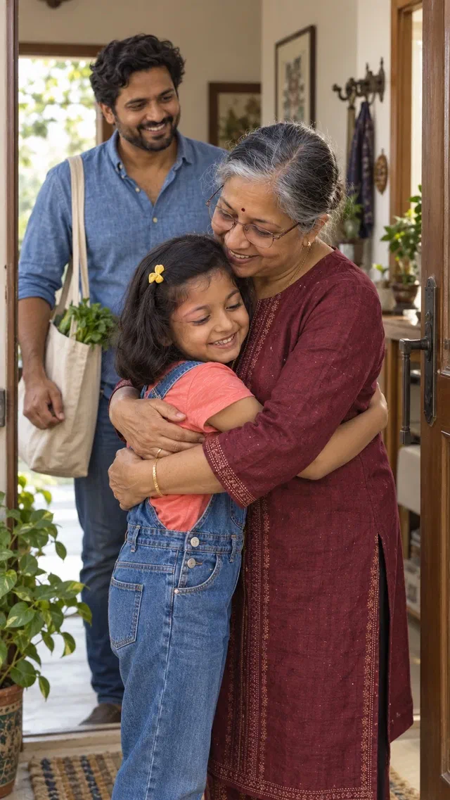 A grandmother hugs her granddaughter at the front door while the girl's father stands behind them with a shopping bag