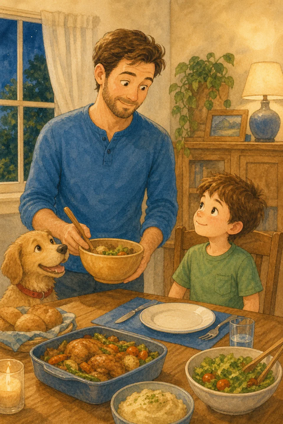 Robert and his son Leo at the dinner table with their small tan dog Max