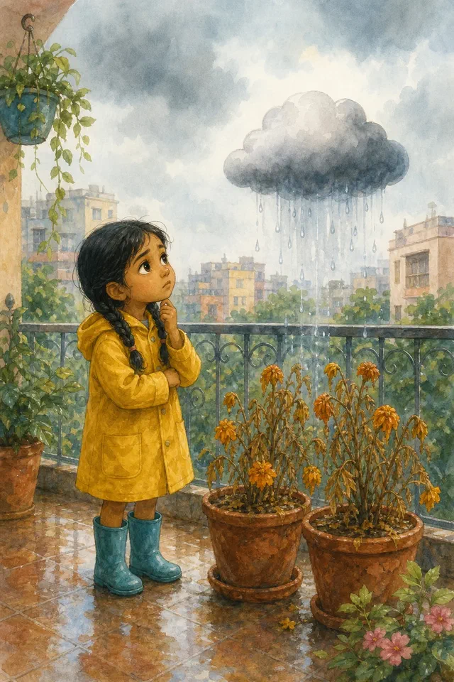 Watercolor of Mira in a yellow raincoat and teal boots on a balcony, looking up at a small grey raincloud above her marigolds