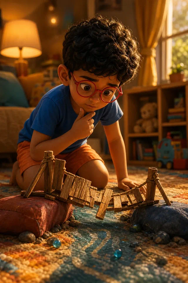 3D illustration of Ravi, a boy with curly hair and round red glasses, studying a broken toy bridge on a rug