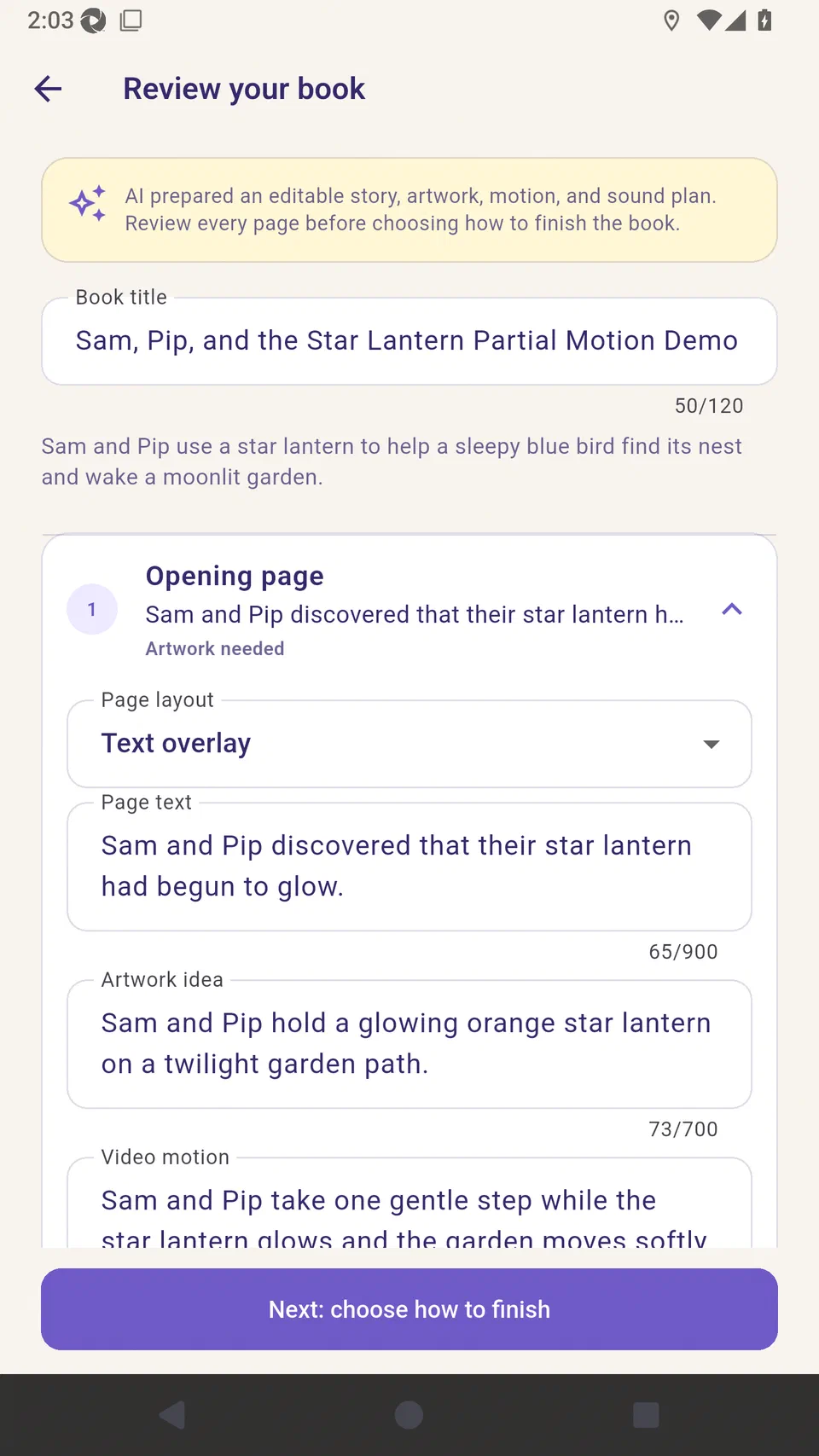 Editable page plan with motion, camera, and transition controls