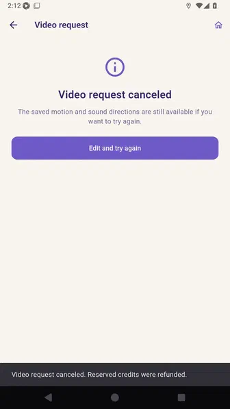 Canceled video request screen stating that saved directions remain available