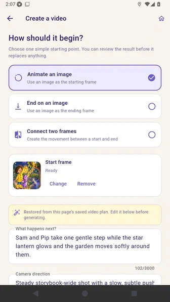 Motion mode list showing Animate an image, End on an image, and Connect two frames while Prompt only is unavailable