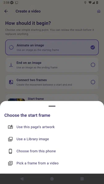 Start-frame sheet listing page artwork, Library, phone, and Pick a frame from a video