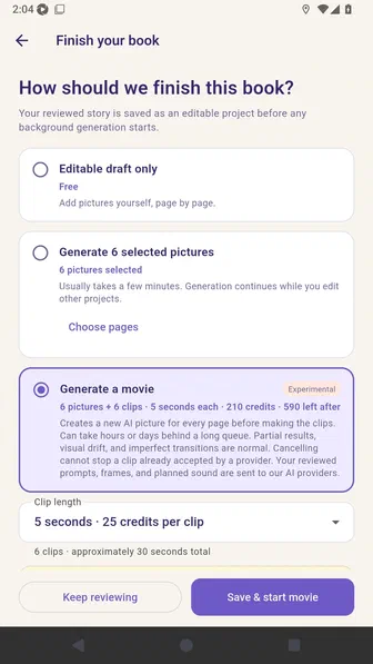 Generate a movie selected with experimental provider and credit guidance