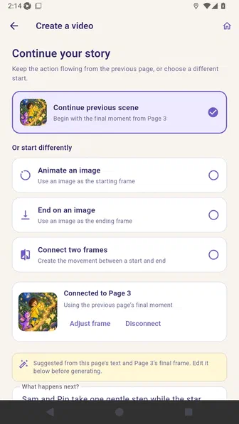 Connected start-frame card using the previous page final moment with adjustment controls