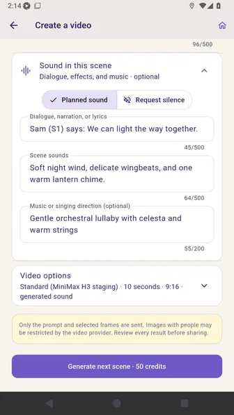 Continuation request ready with the Generate next scene credit quote