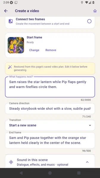 Page-video form containing motion, camera, transition, and end-frame directions