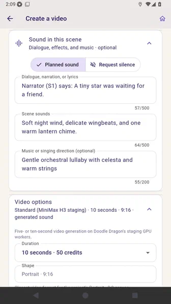 Expanded Video options showing quality description, duration, portrait shape, and crop-safe guidance