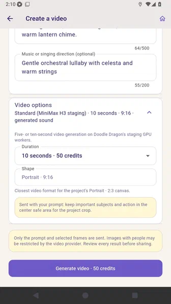 Provider privacy guidance above the Generate video credit quote