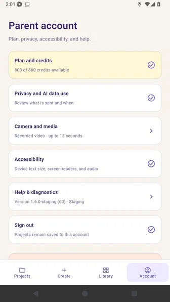 Parent account showing 800 of 800 Studio Motion credits available