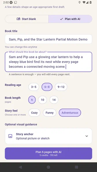 Story settings showing reading age, six pages, cozy feel, and Story anchor