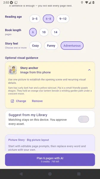 Story settings showing the child sketch attached as the anchor