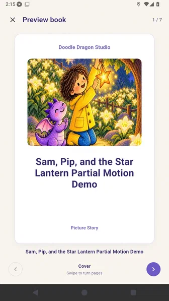 Preview book screen showing the Motion story cover