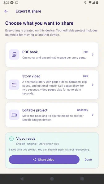 Export screen confirming the Motion story video is ready without subtitle attachments