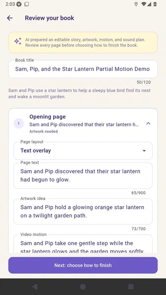Opening page motion plan with Video motion, Camera direction, Transition, and End frame controls