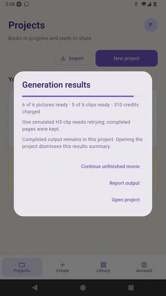 Generation results showing six pictures and five of six movie clips ready