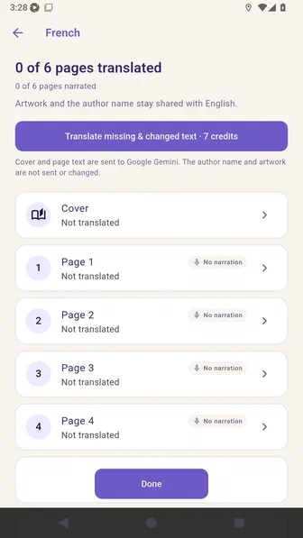 French translation workspace showing zero translated pages and the seven-credit translation action