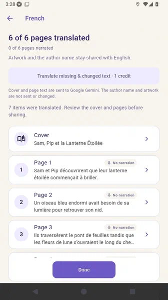 French translation workspace confirming six translated pages, a translated cover, and reviewed French text