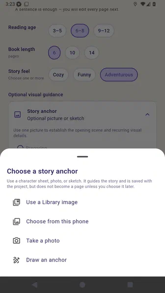 Story anchor source sheet with Library, phone, camera, and drawing choices