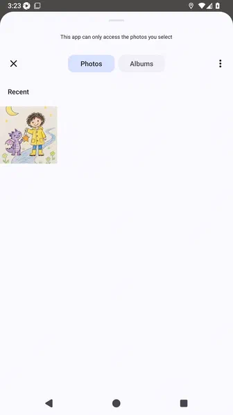 Android photo picker showing the bundled child-drawn Sam and Pip story anchor