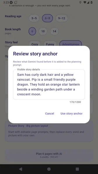 Review story anchor dialog describing Sam, Pip, the star lantern, and the moonlit path