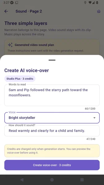 Create AI voice-over screen with reviewed narration words and Bright storyteller selected