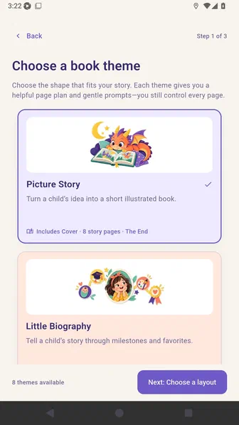 Picture Story selected in the book theme chooser