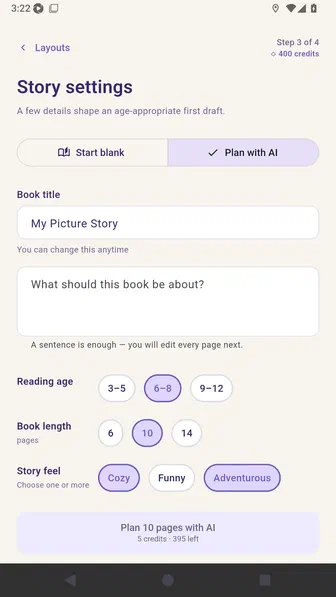 Story settings with the Plan with AI tab selected and the story premise field visible