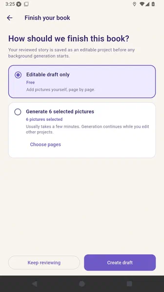 Studio Plus finish screen with editable draft and generated-picture choices but no Motion movie option