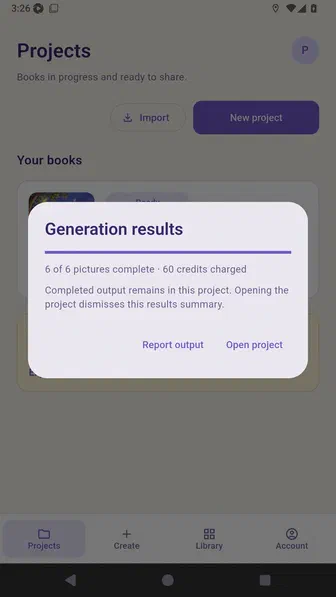 Generation results dialog confirming all planned pictures completed