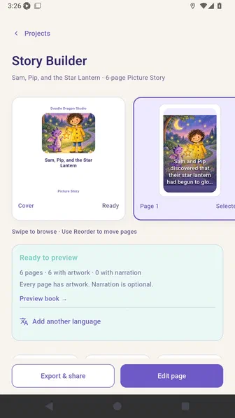 Story Builder showing the first coordinated Sam and Pip illustration and six illustrated page thumbnails