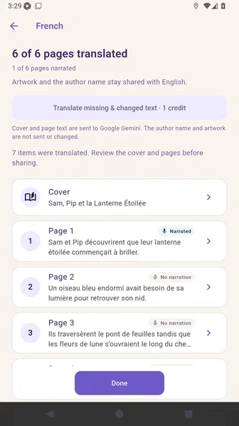 French translation workspace showing all pages translated and one of six pages narrated