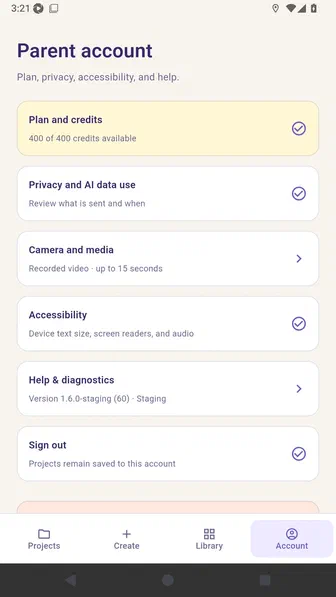 Account screen showing Studio Plus with 400 of 400 AI credits available
