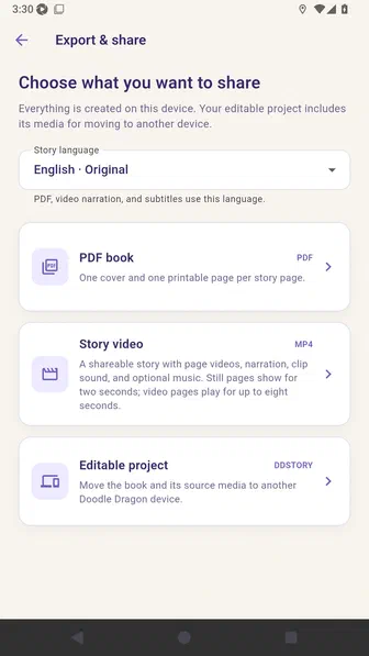 Export and share screen with PDF, story video, and editable project choices