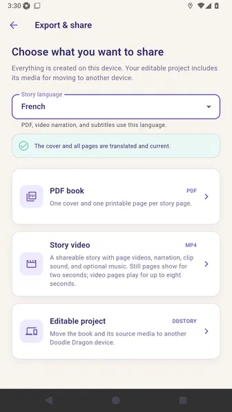 Export and share screen with French selected and all six translated pages ready
