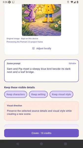 Transform this image screen with Keep characters, Keep setting, and Keep visual style controls